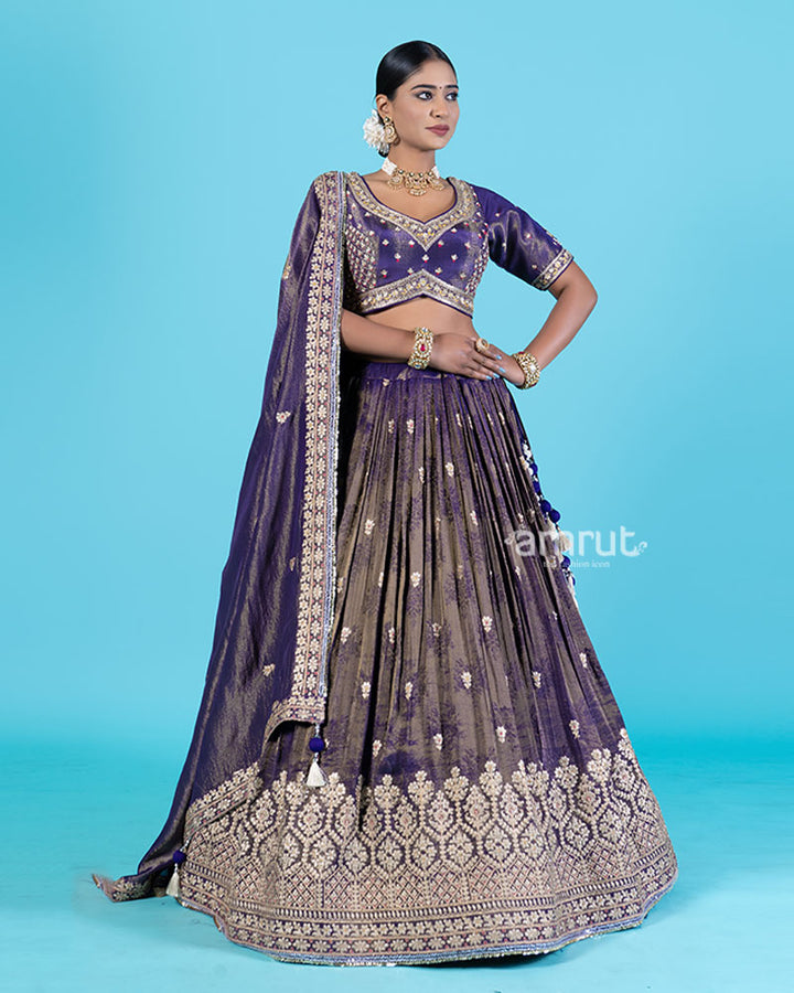 Purple Golden Floral Embroidered Lehenga Choli with Dupatta