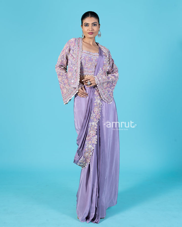 Lavender Ready to Wear Saree with Embroidered Blouse and Jacket