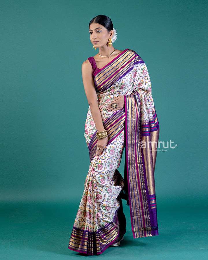 White Ikat Patola Print Saree with Purple Pallu, Zari Border, and Unstitched Blouse