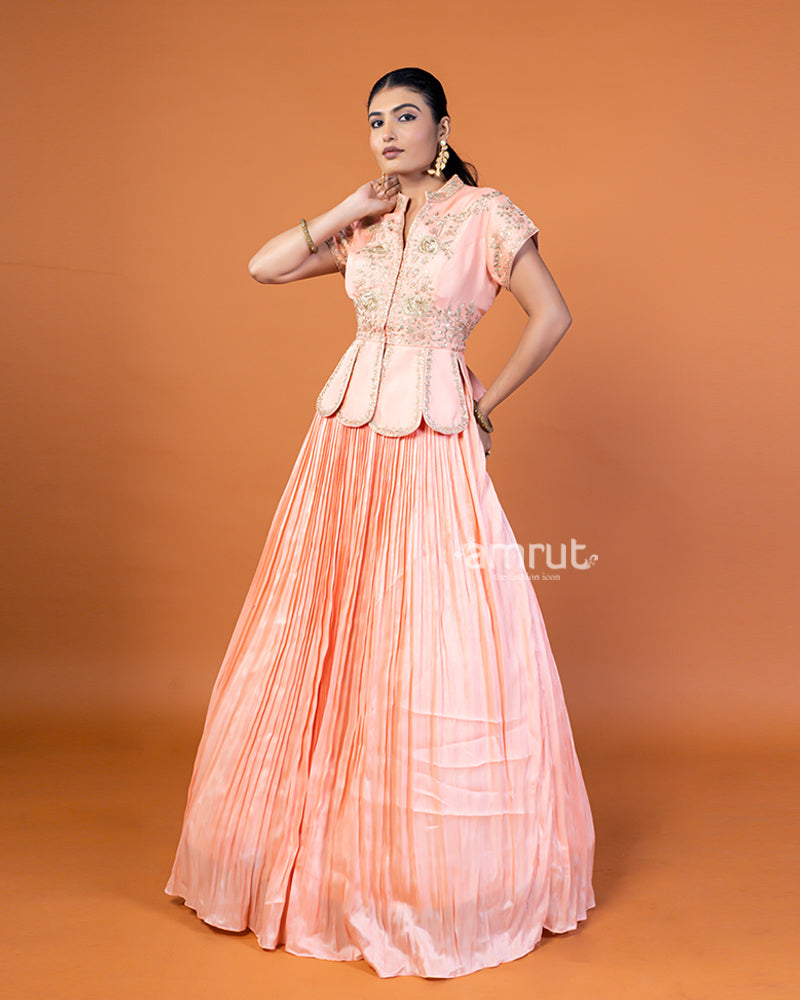 Peach- Pleated Lehenga And Embroidered Choli