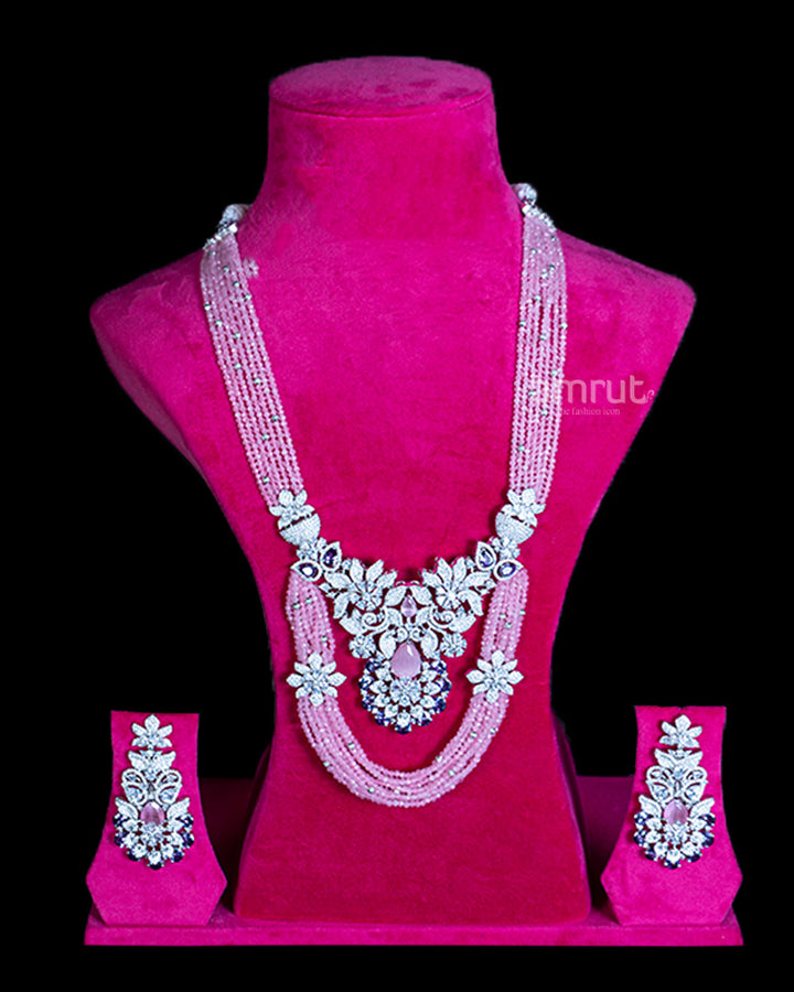 Ornate Floral Layered Necklace with Crystals, Pink Beads, Violet Accents, and Matching Earrings