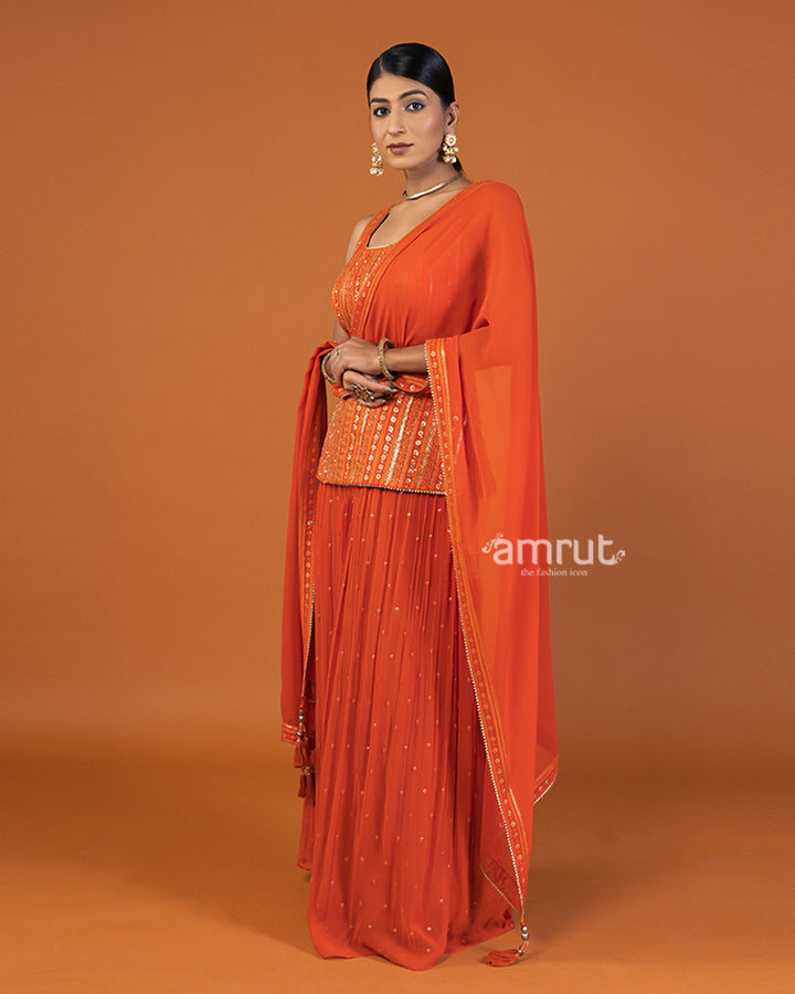 Orange Sequin Embellished   Palazzo with Sleeveless Plum Top and Dupatta