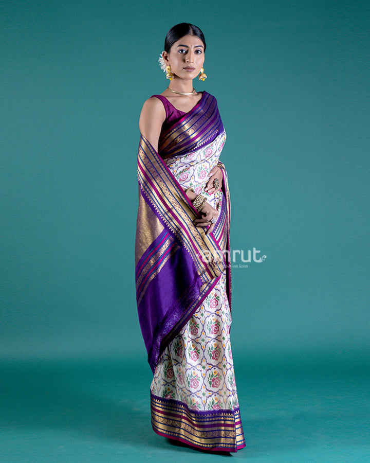 White Ikat Patola Print Saree with Purple Pallu, Zari Border, and Unstitched Blouse