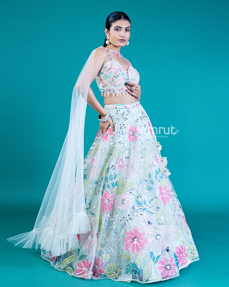 Embellished Jungle Mist Lehenga Choli with Floral Embroidery and Attached Dupatta