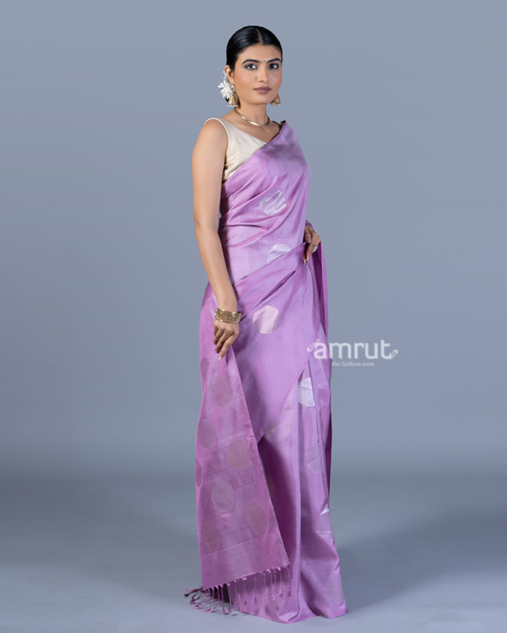 Light Lavender-Purple with Silver Zari Circular Patterns Silk Saree with Unstitched Blouse