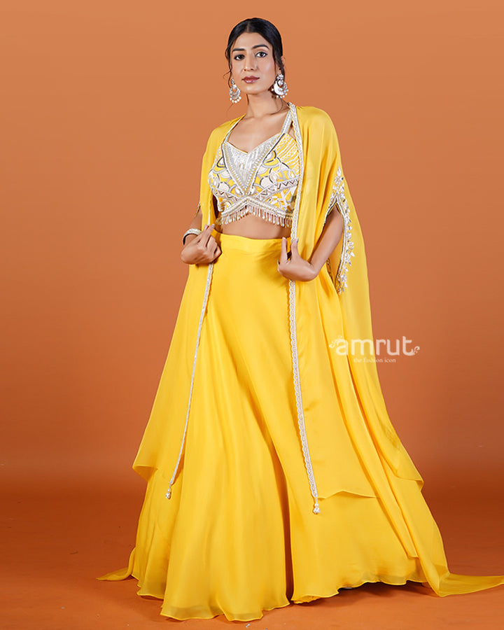 Yellow Lehenga with Beaded Choli and Cape