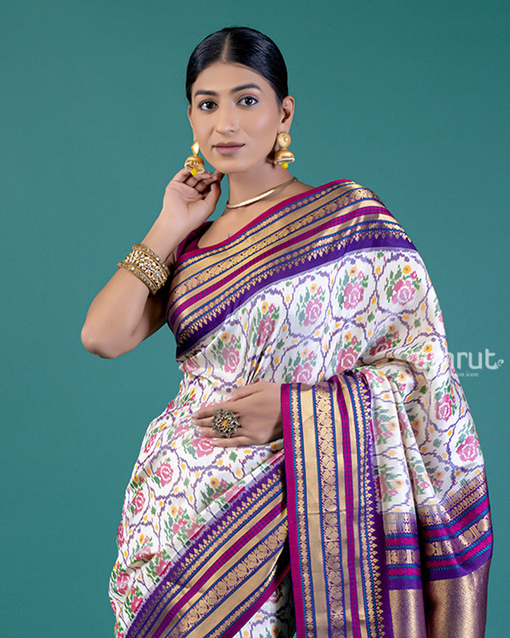 White Ikat Patola Print Saree with Purple Pallu, Zari Border, and Unstitched Blouse