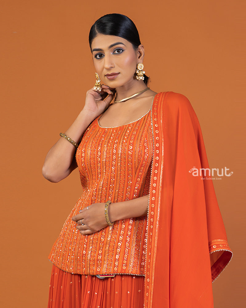 Orange Sequin Embellished   Palazzo with Sleeveless Plum Top and Dupatta