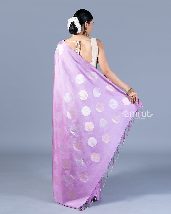 Light Lavender-Purple with Silver Zari Circular Patterns Silk Saree with Unstitched Blouse