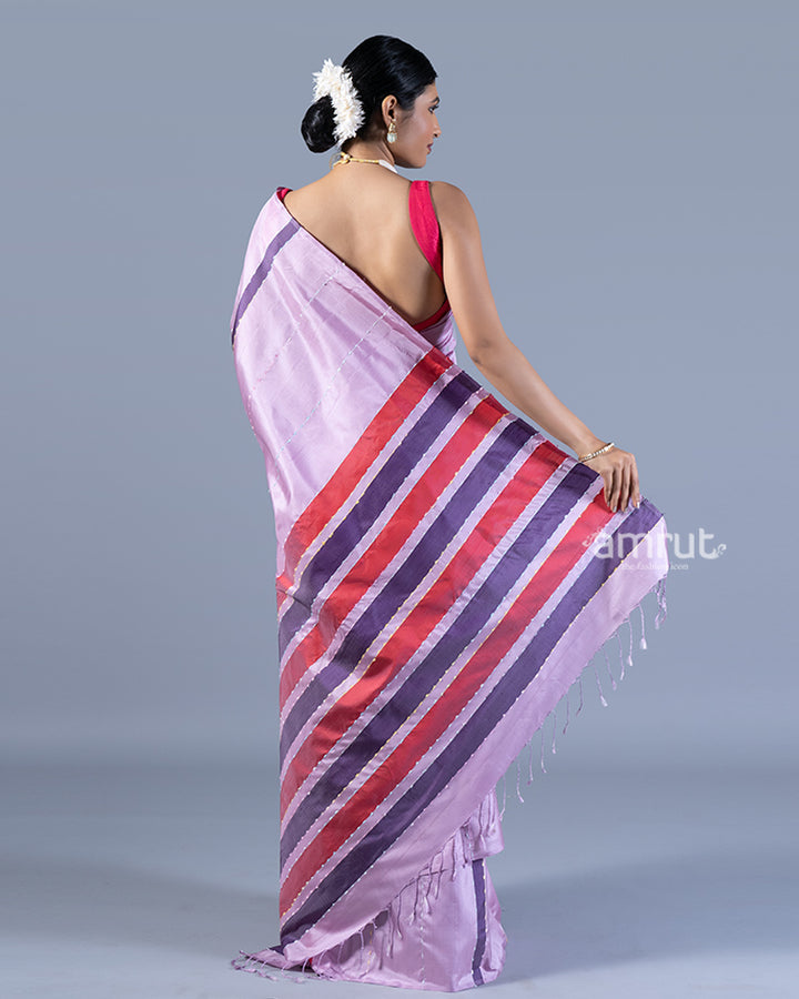 Lavender-Purple with Fringed Pallu & Decorative Stripes in Silk Sari with unstitched blouse