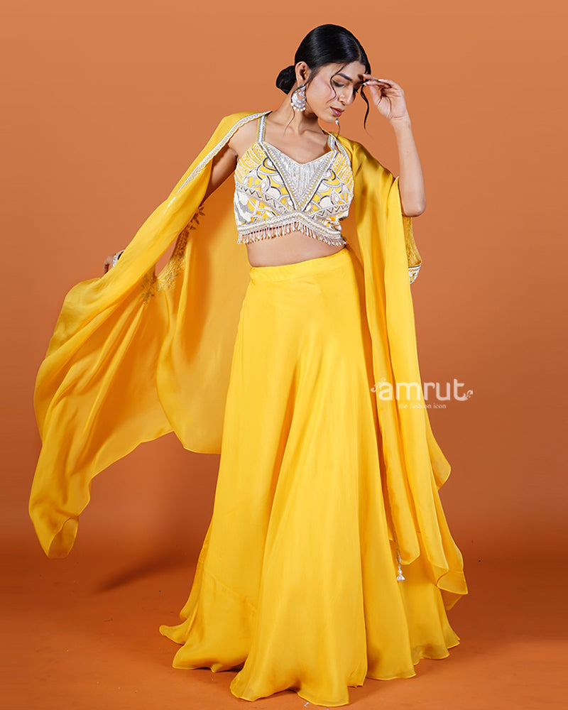 Yellow Lehenga with Beaded Choli and Cape