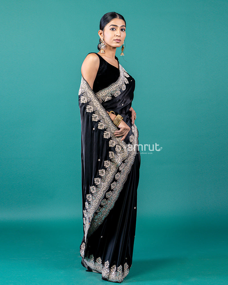 Black Silk Satin Saree with Embroidered Border Detailing and Unstitched Blouse