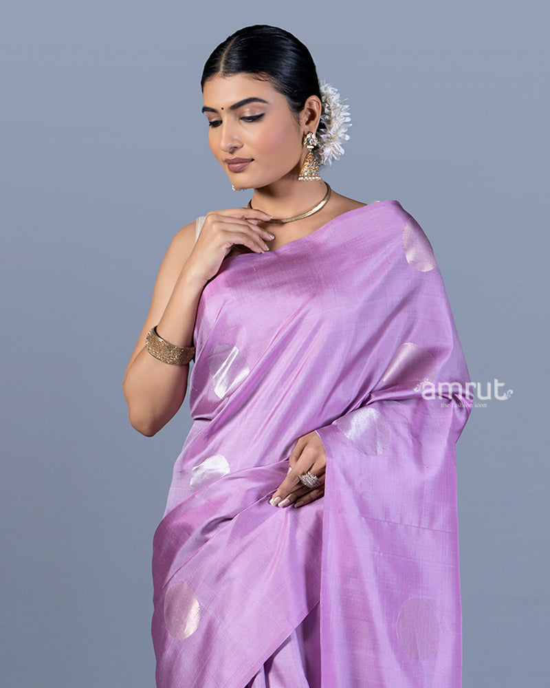 Light Lavender-Purple with Silver Zari Circular Patterns Silk Saree with Unstitched Blouse