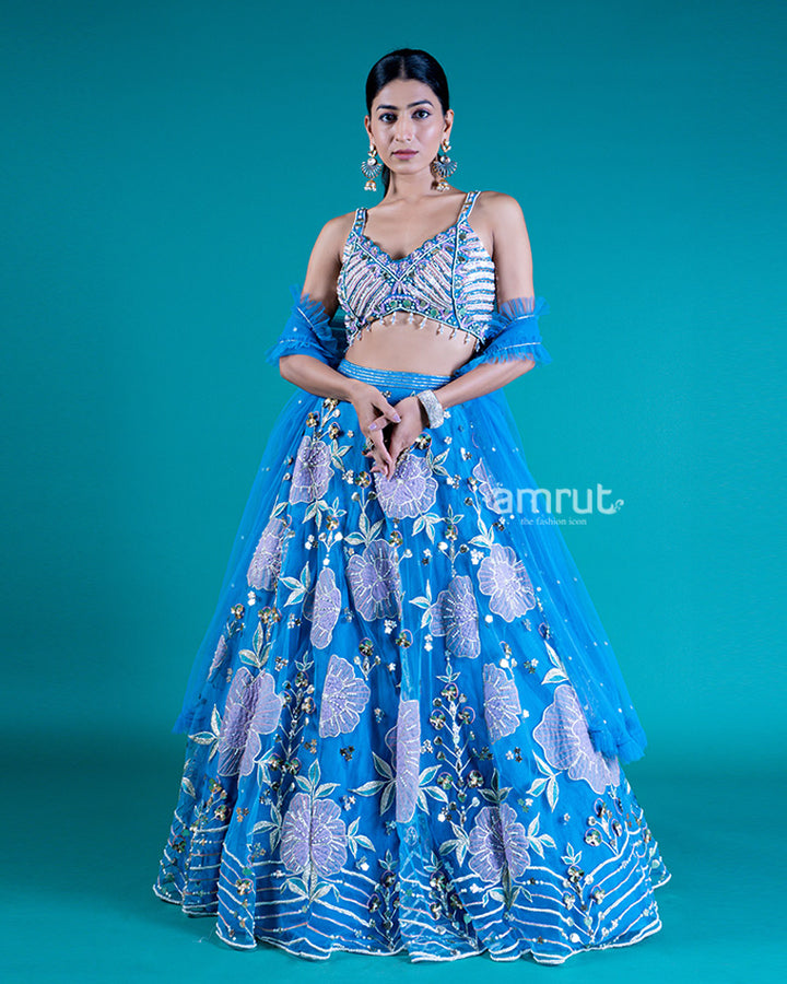 Embellished Sleeveless Sweetheart Neckline Choli with Pickton blue Lehenga and Floral Embroidery