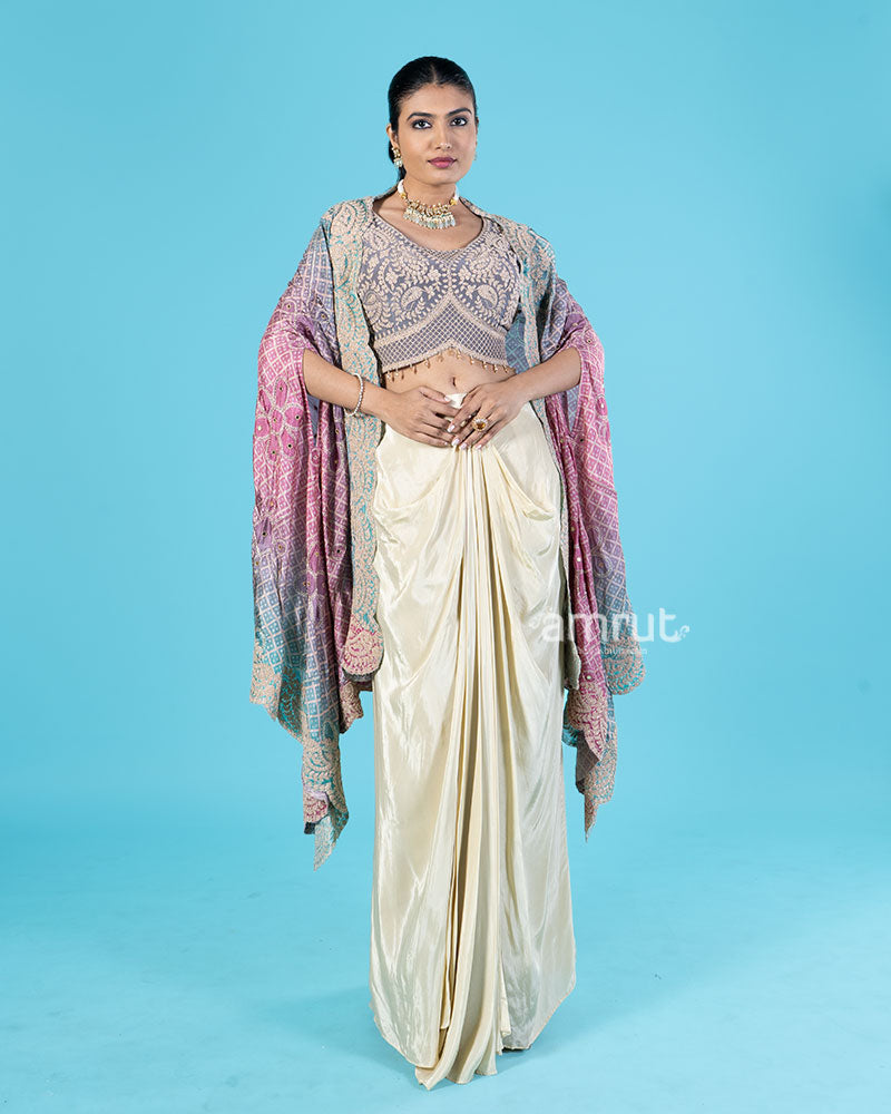 Dusty Lavender Crop Top with Vibrant Cape and Cream Draped Skirt