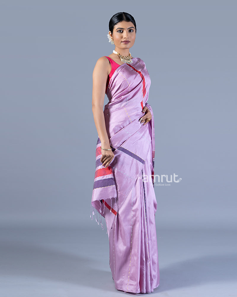 Lavender-Purple with Fringed Pallu & Decorative Stripes in Silk Sari with unstitched blouse