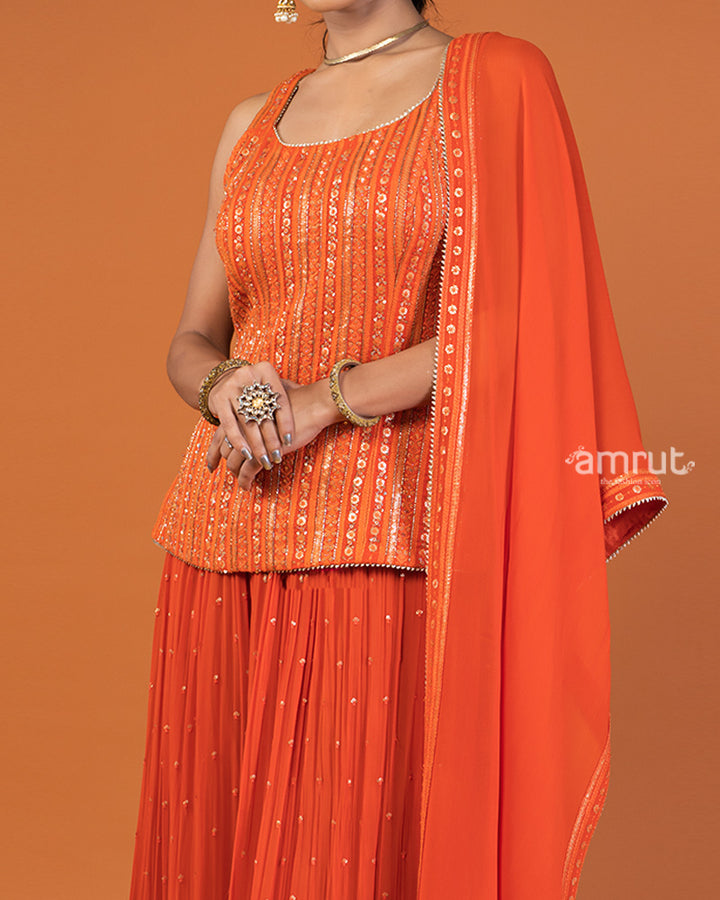 Orange Sequin Embellished   Palazzo with Sleeveless Plum Top and Dupatta