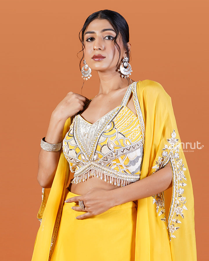 Yellow Lehenga with Beaded Choli and Cape