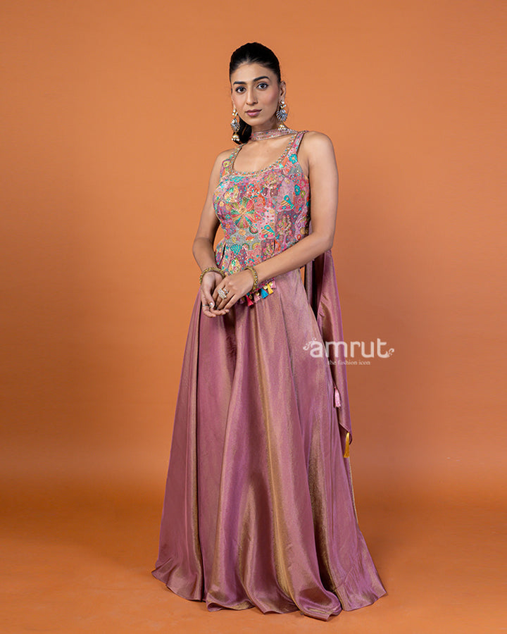 Pink Embroidered Halter Crop Top with Palazzo Pants and Dupatta