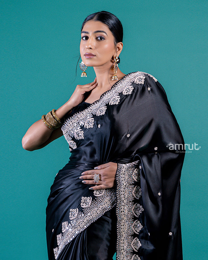 Black Silk Satin Saree with Embroidered Border Detailing and Unstitched Blouse