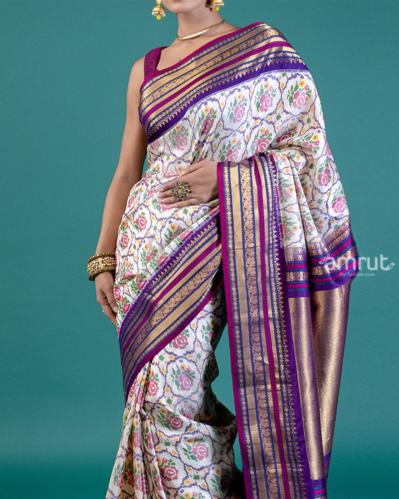 White Ikat Patola Print Saree with Purple Pallu, Zari Border, and Unstitched Blouse