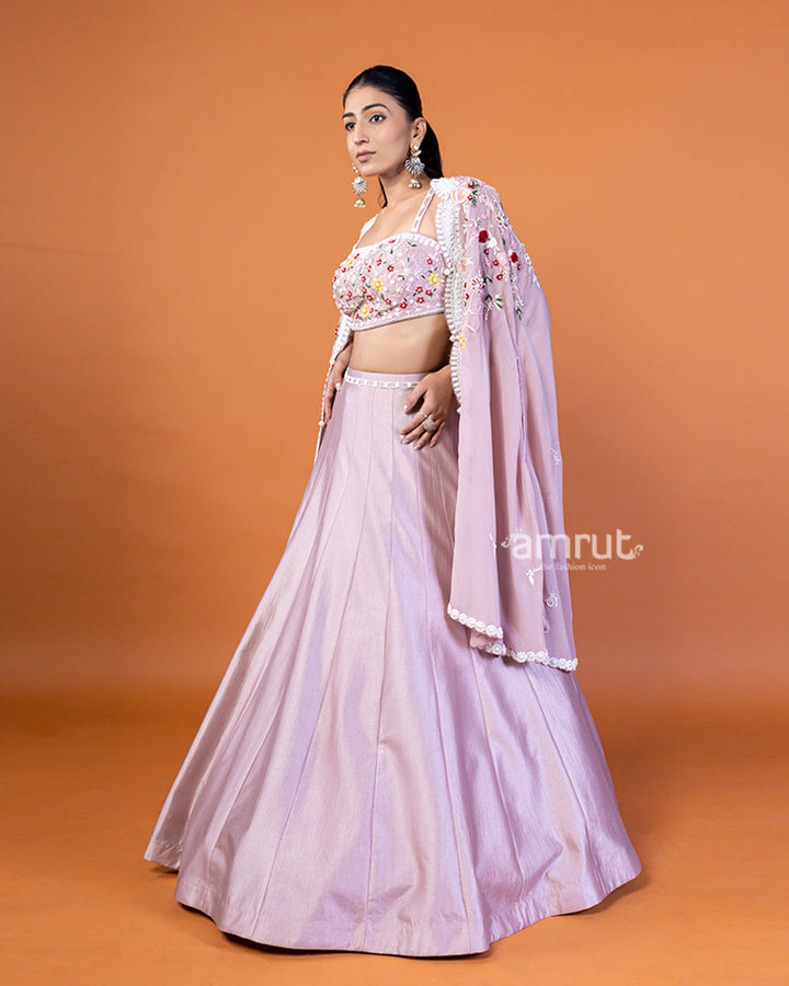 Light Purple Embroidered Lehenga Choli and Shrug Style Floral Lace Dupatta