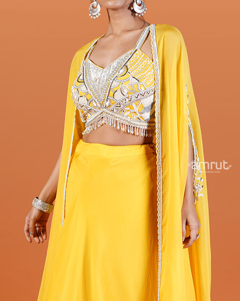 Yellow Lehenga with Beaded Choli and Cape