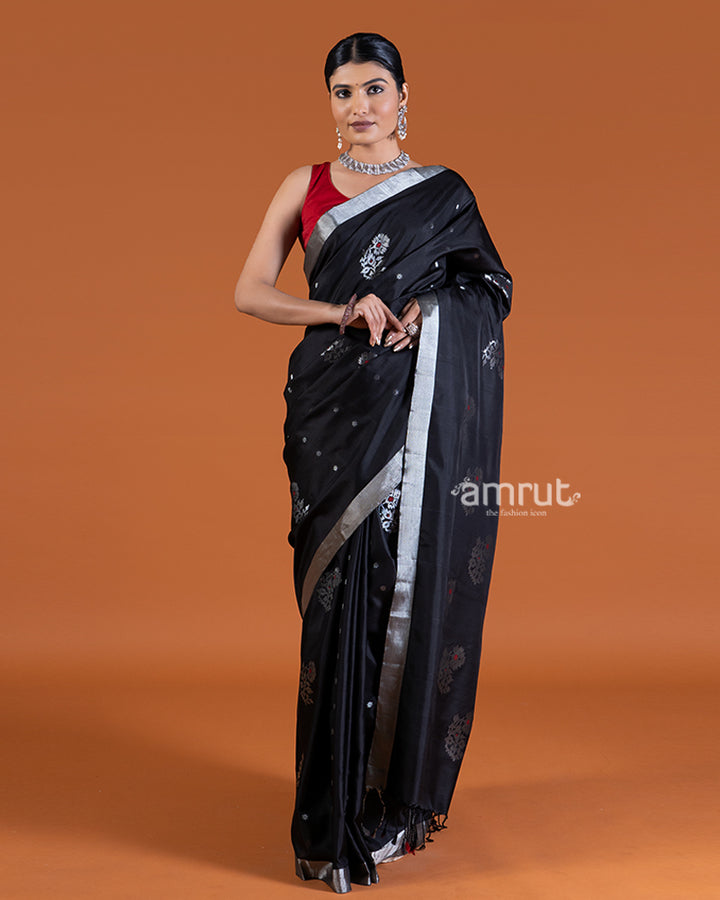 Black with Silver Zari Borders, Motifs, and Fringe Detailing Saree with unstitched blouse