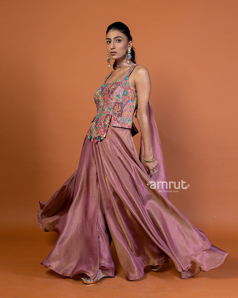 Pink Embroidered Halter Crop Top with Palazzo Pants and Dupatta