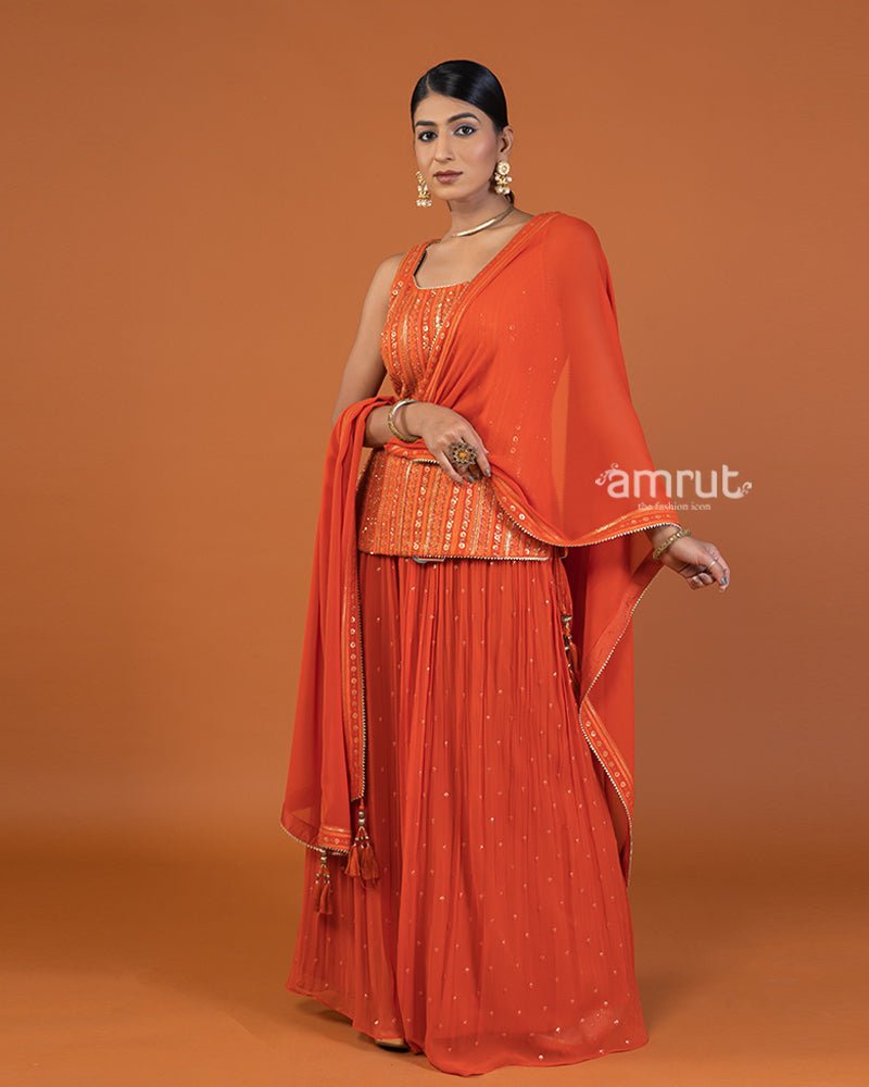 Orange Sequin Embellished   Palazzo with Sleeveless Plum Top and Dupatta