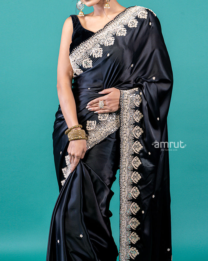 Black Silk Satin Saree with Embroidered Border Detailing and Unstitched Blouse