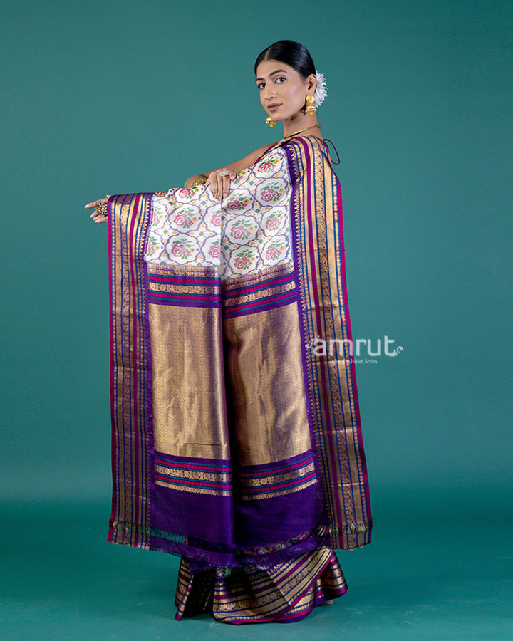 White Ikat Patola Print Saree with Purple Pallu, Zari Border, and Unstitched Blouse