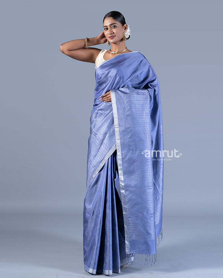 Blue Silver-Gray Stripes Silk Saree with unstitched blouse