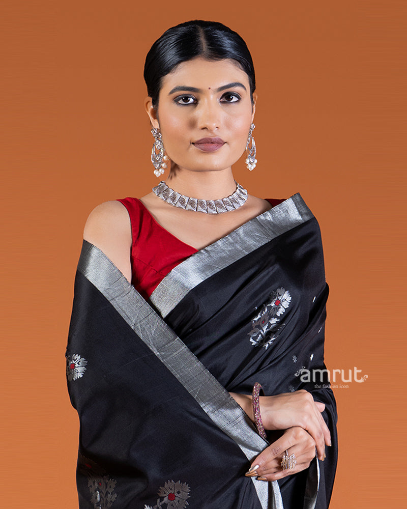 Black with Silver Zari Borders, Motifs, and Fringe Detailing Saree with unstitched blouse