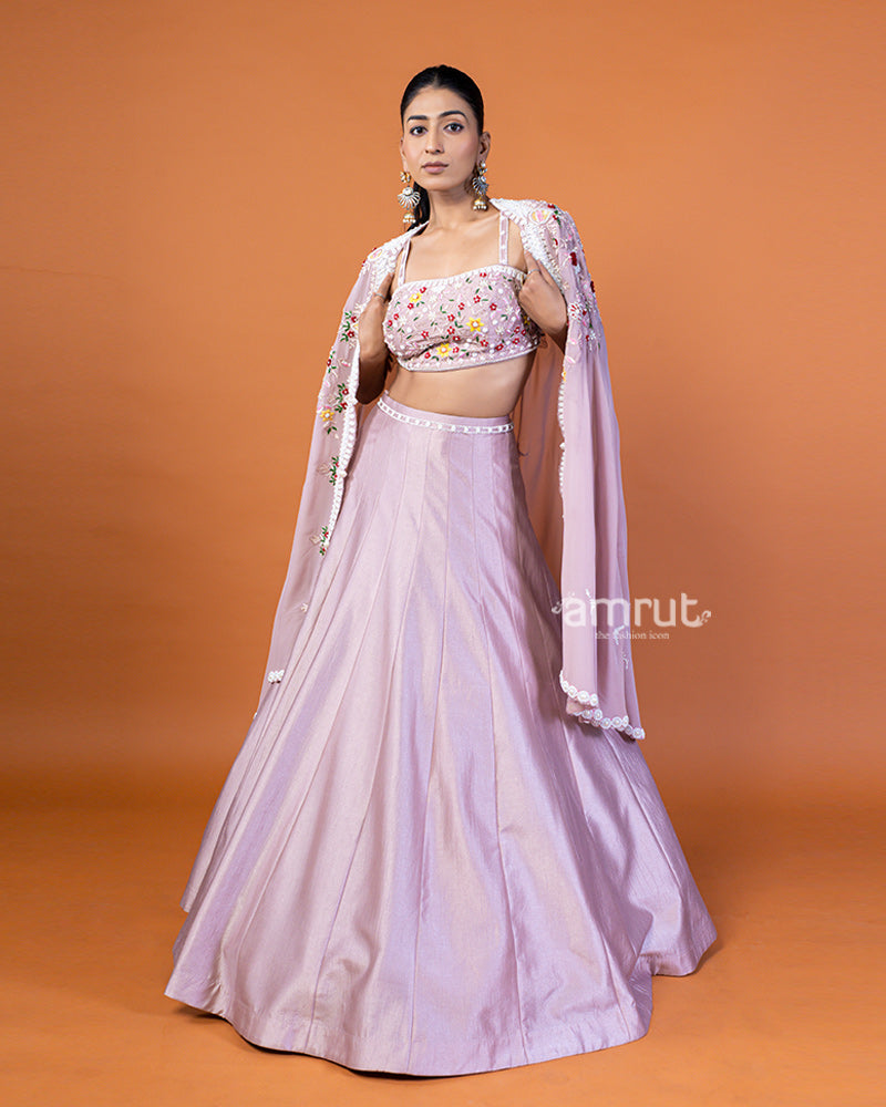 Light Purple Embroidered Lehenga Choli and Shrug Style Floral Lace Dupatta