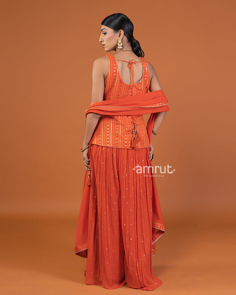 Orange Sequin Embellished   Palazzo with Sleeveless Plum Top and Dupatta