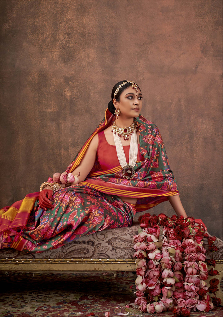 Green Patan Patola Silk Saree with Multicolour Ikat Motifs P84