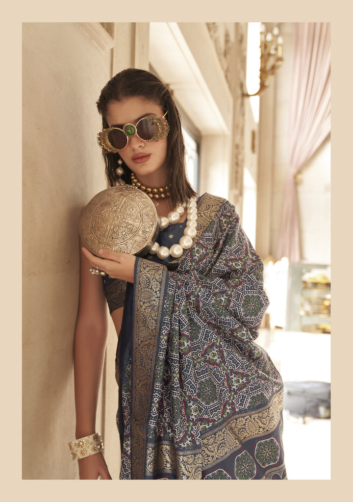 Navy Blue Designer Silk Saree with Heritage Woven Motifs
