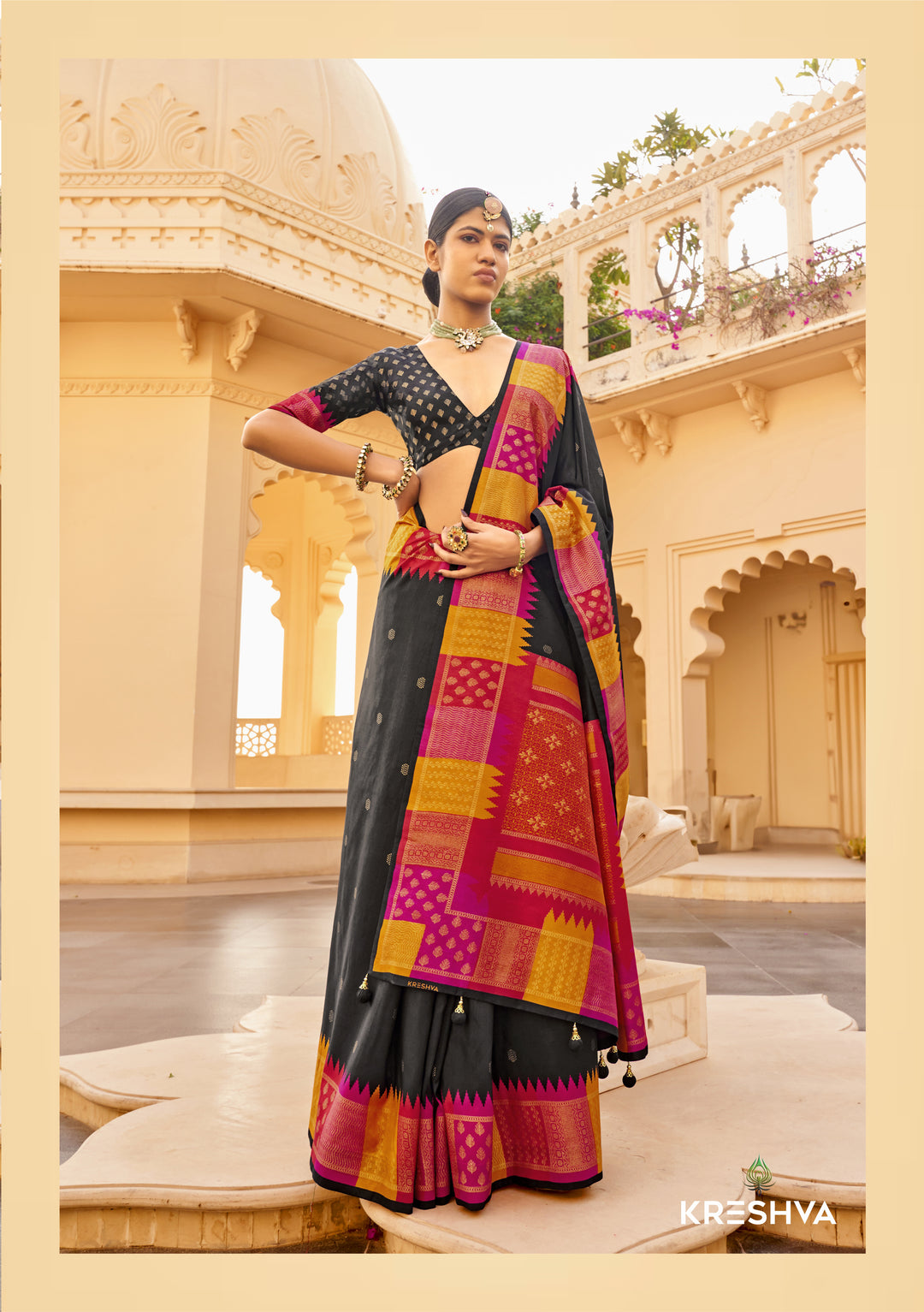 Classic Black Designer Silk Saree with Magenta & Mustard Contrast Zari Border