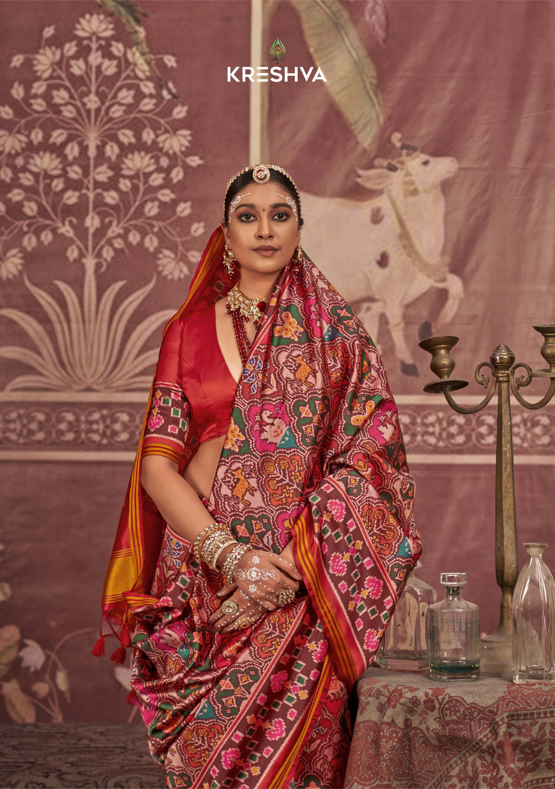 Pink & Maroon Patan Patola Silk Saree with Multicolour Ikat Weave P45