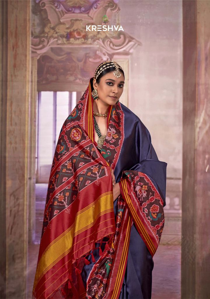 Royal Purple & Red Patan Traditional Soft Silk Saree with Classic Ikat Border & Pallu P58