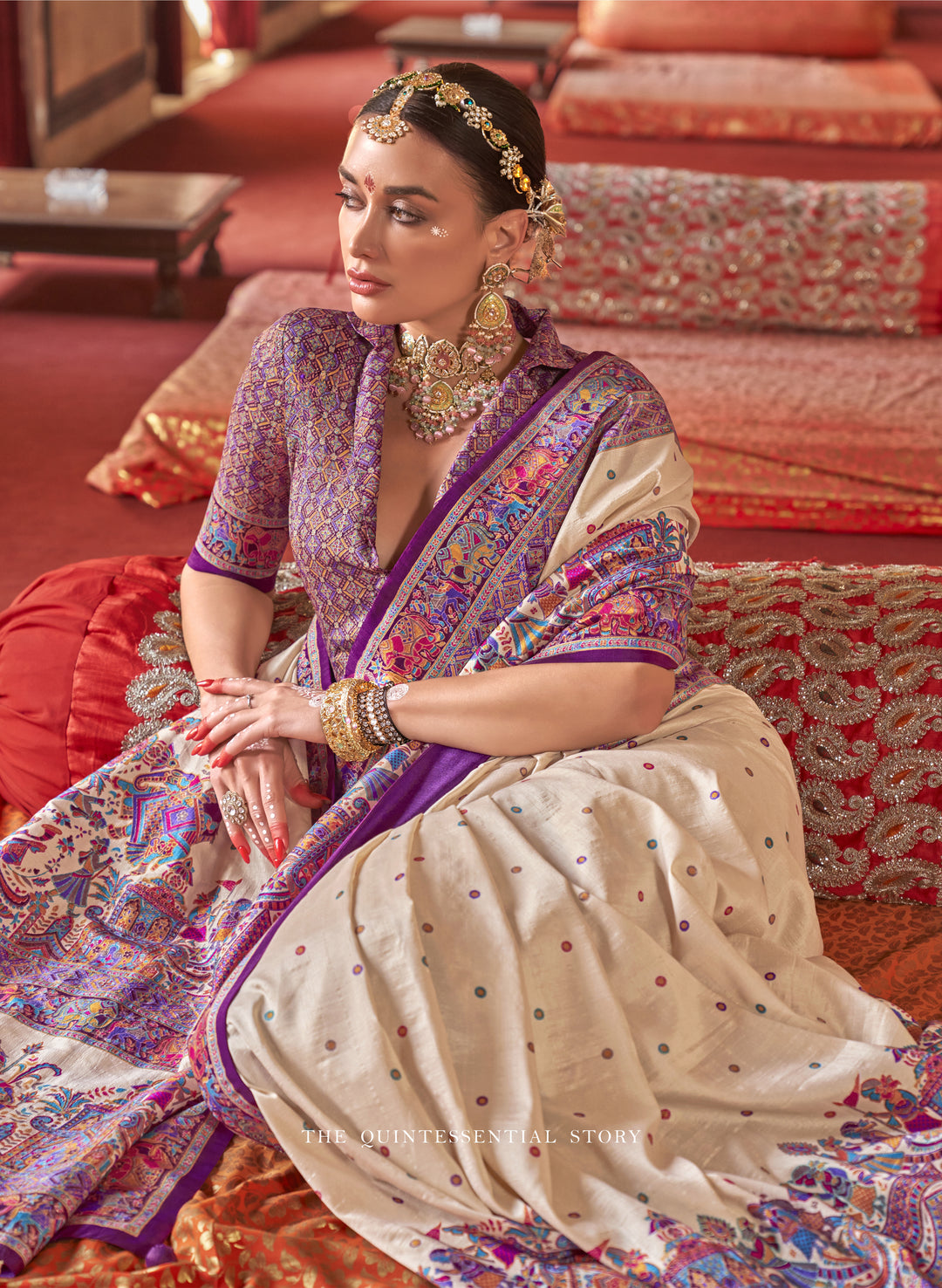 Royal Rajtilak  Pashmina Inspired Heritage Print Cream Saree with Traditional Folk Border