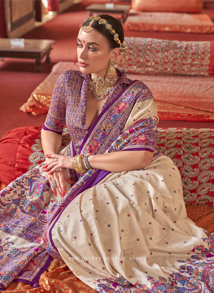 Royal Rajtilak  Pashmina Inspired Heritage Print Cream Saree with Traditional Folk Border