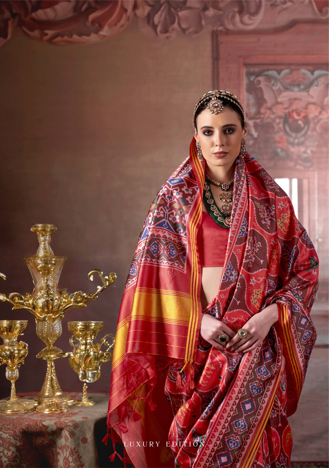 Red Patan Patola Luxury Soft Silk Saree with Multicolour Traditional Ikat Weaving P41