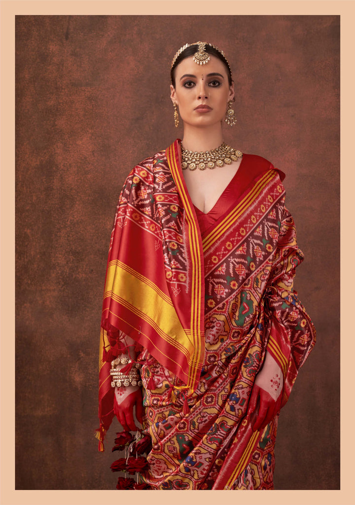 Red & Multicolour Signature Patan Patola Soft Silk Saree with Traditional Ikat Hexagon Motifs P87