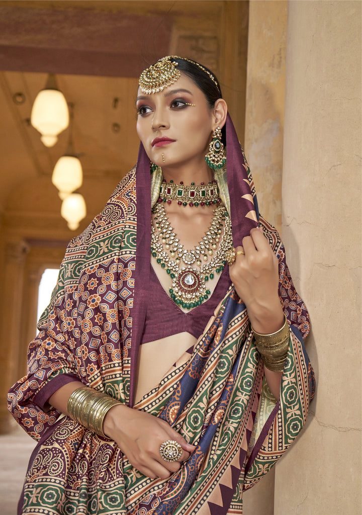 Royal Purple Ajrakh Printed Saree with Heritage Geometric Motifs