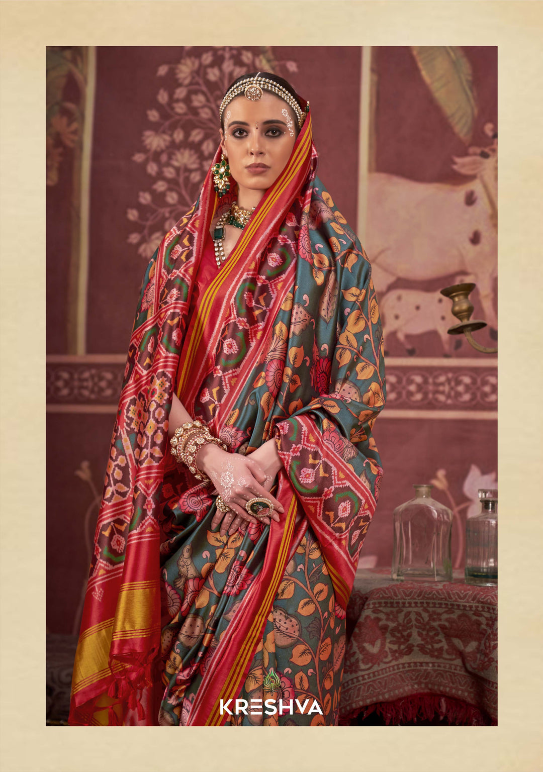 Teal Green & Red Patan Patola Silk Saree with Floral & Ikat Weave Motifs P78