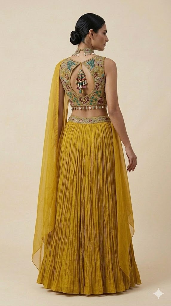Mustard Yellow Embroidered Lehenga Set with Cape Sleeves & Choker Detail