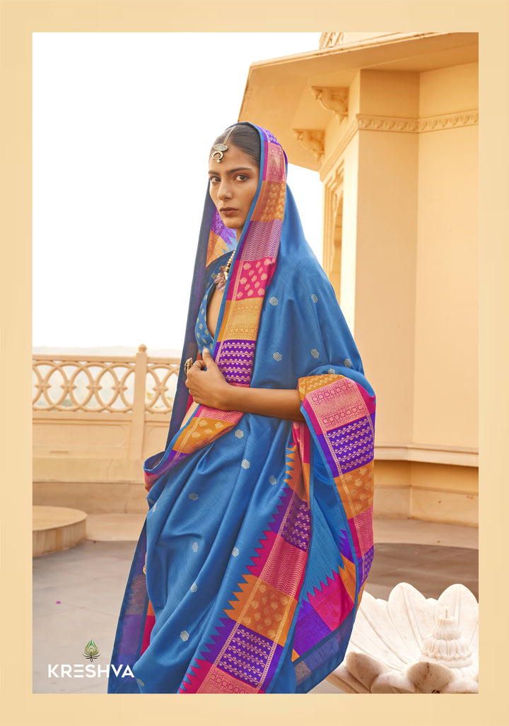 Sky Blue Designer Silk Saree with Magenta & Mustard Contrast Zari Border