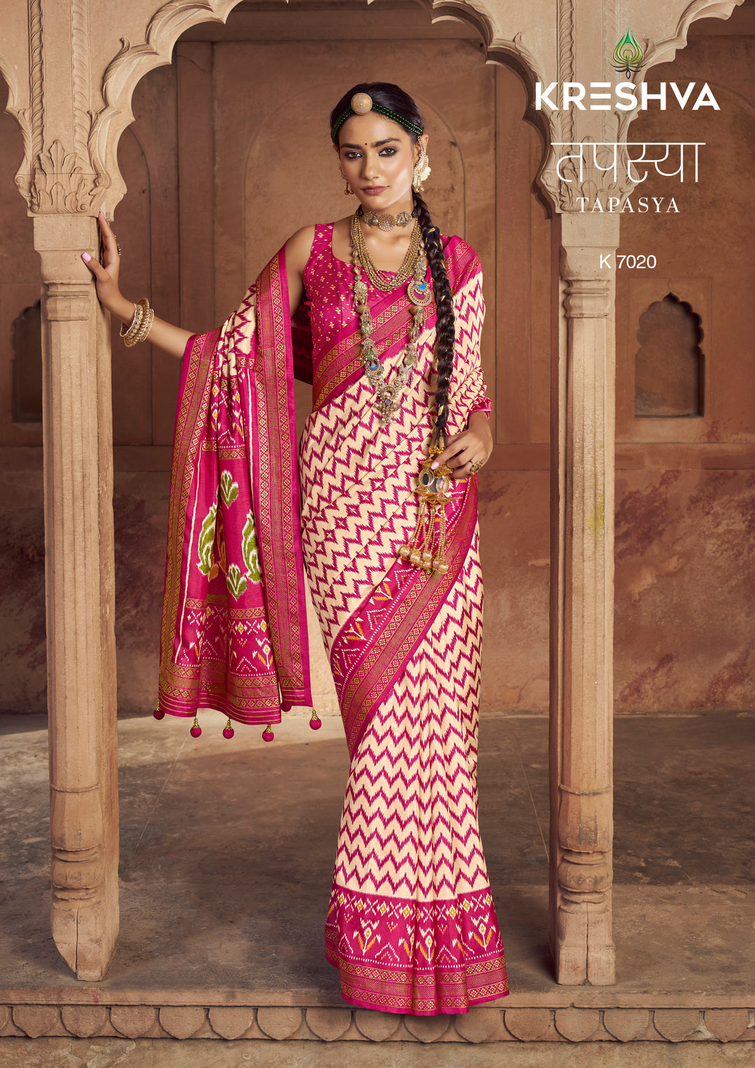 Cream & Rani Pink Patola Inspired Designer Silk Saree with Ikat Zigzag Weaving